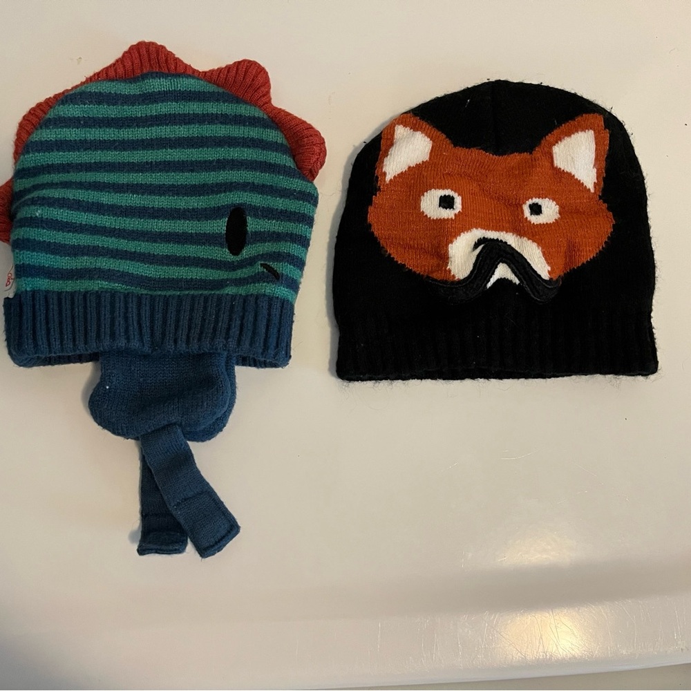 Kids' Striped Dinosaur and Fox Knit Beanie Set